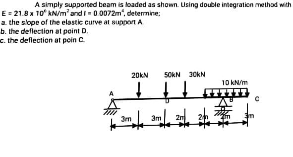 A simply supported beam is loaded as shown. Using double integration method with
E = 21.8 x 10 kN/m2 and I = 0.0072m", determine;
a. the slope of the elastic curve at support A.
b. the deflection at point D.
c. the deflection at poin C.
20kN
↓
3m
3m
50kN 30KN
↓
2m 2
10 kN/m
с