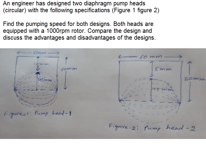 An engineer has designed two diaphragm pump heads
(circular) with the following specifications (Figure 1 figure 2)
Find the pumping speed for both designs. Both heads are
equipped with a 1000rpm rotor. Compare the design and
discuss the advantages and disadvantages of the designs.
Somm
60 mm
6omm
Smm
H5mm
50mm
45mr
Figure-: Pump head-1
Figure-2: Pump head -2
