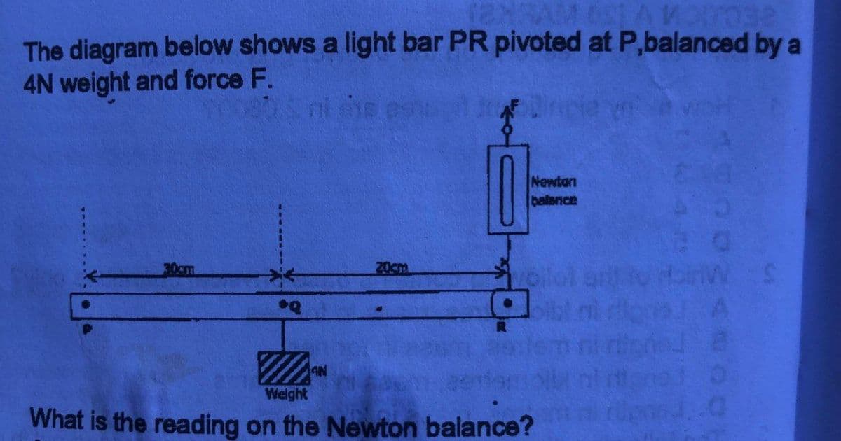 The diagram below shows a light bar PR pivoted at P,balanced by a
4N weight and force F.
Q
Newton
balance
40
20
20cm
voilol
S
A
Weight
4N
What is the reading on the Newton balance?
a