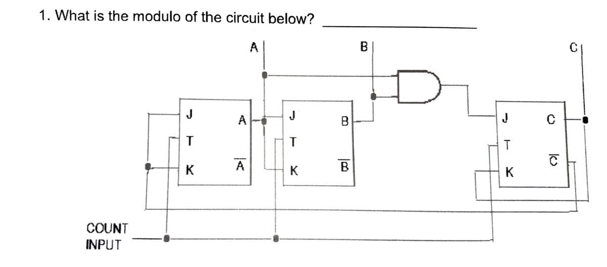 1. What is the modulo of the circuit below?
COUNT
INPUT
T
K
A
A
A
J
T
K
B
B
B
J
T
K
C
C