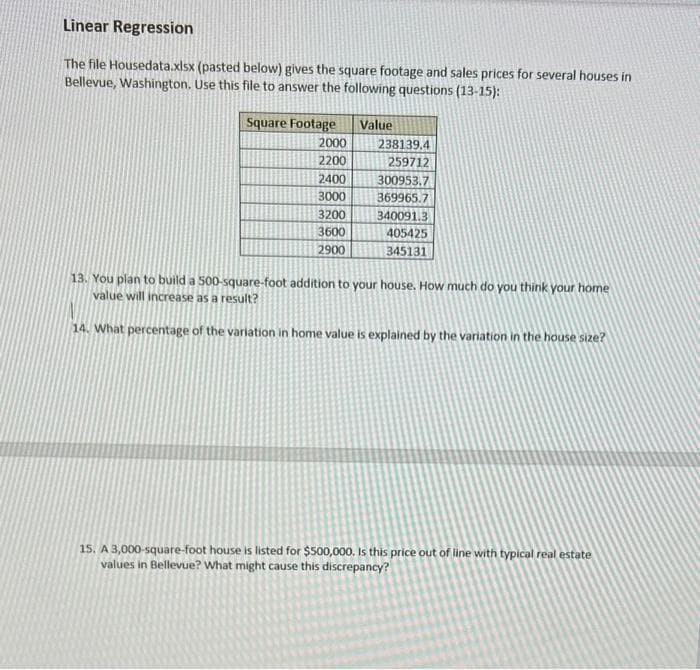 Linear Regression
The file Housedata.xlsx (pasted below) gives the square footage and sales prices for several houses in
Bellevue, Washington. Use this file to answer the following questions (13-15):
Value
Square Footage
2000
2200
2400
3000
3200
3600
2900
238139.4
259712
300953.7
369965.7
340091.3
405425
345131
13. You plan to build a 500-square-foot addition to your house. How much do you think your home
value will increase as a result?
14. What percentage of the variation in home value is explained by the variation in the house size?
15. A 3,000-square-foot house is listed for $500,000. Is this price out of line with typical real estate
values in Bellevue? What might cause this discrepancy?