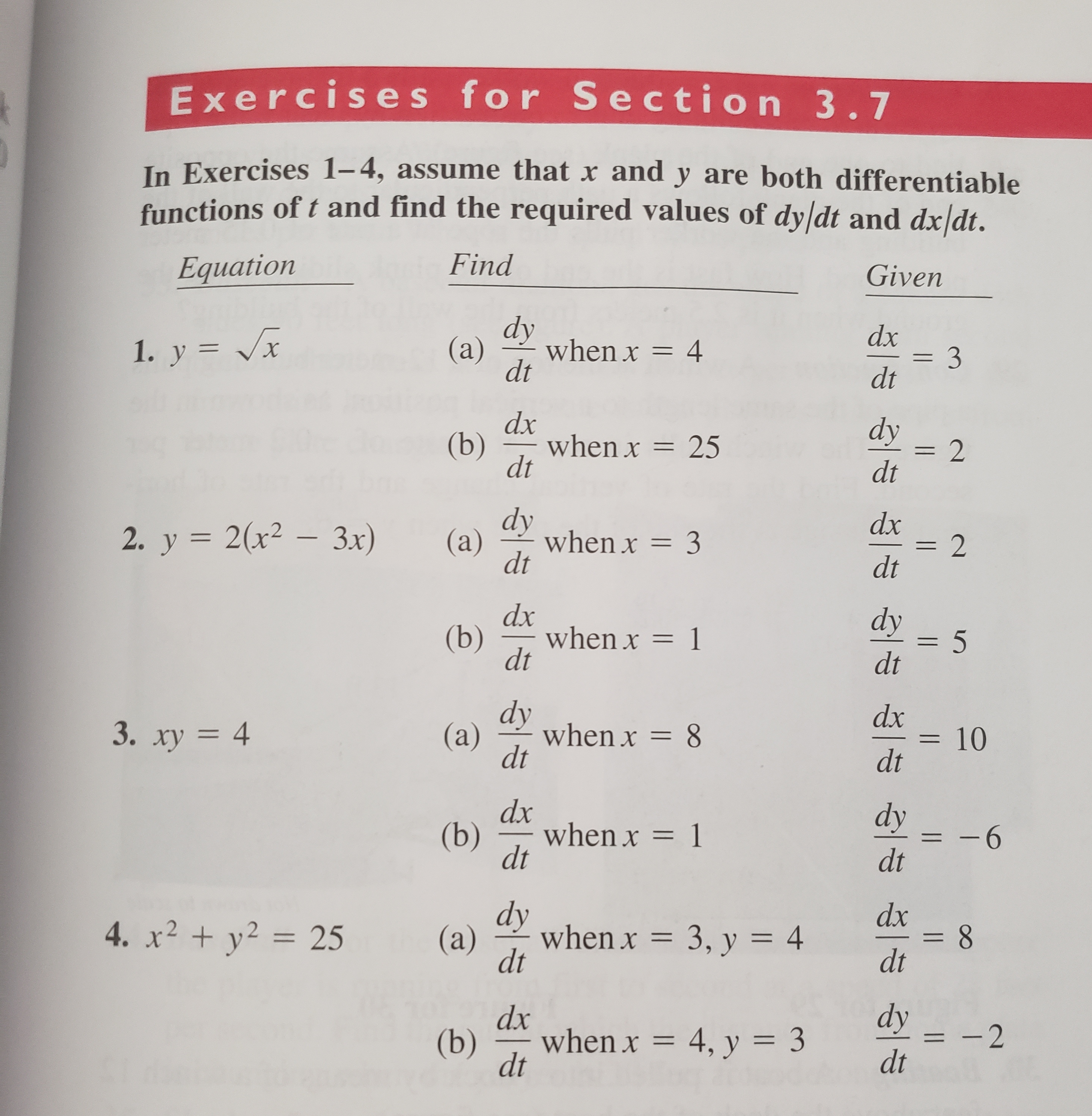 In Exercises 1–4, assume that x and y are both
functions of t and find the required values of dyl
Equation
Find

