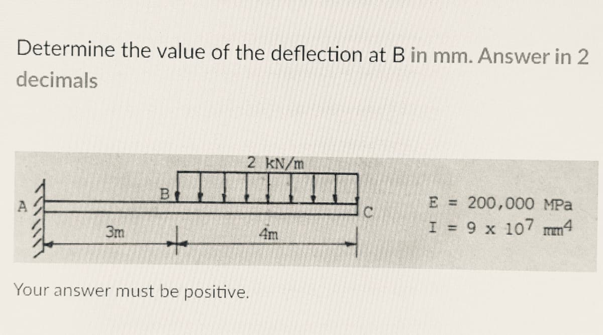 Determine the value of the deflection at B in mm. Answer in 2
decimals
2 kN/m
E = 200,000 MPa
I = 9 x 107 mm4
3m
4m
Your answer must be positive.
