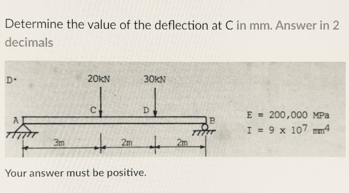 Determine the value of the deflection at C in mm. Answer in 2
decimals
D•
20KN
30KN
D
E = 200,000 MPa
A
I = 9 x 107 mm4
to
to
3m
2m
2m
Your answer must be positive.
