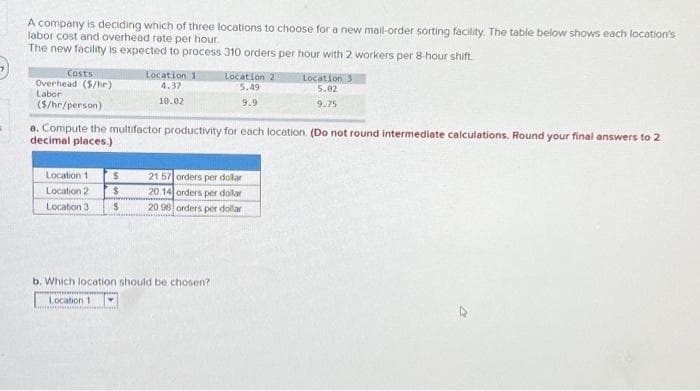 A company is deciding which of three locations to choose for a new mail-order sorting facility. The table below shows each location's
labor cost and overhead rate per hour.
The new facility is expected to process 310 orders per hour with 2 workers per 8-hour shift.
Costs
Overhead ($/hr)
Labor
Location 1
Location 2
Location 3
$
$
Location 1
4.37
10.02
($/hr/person)
a. Compute the multifactor productivity for each location. (Do not round intermediate calculations. Round your final answers to 2
decimal places.)
$
Location 2
5.49
9.9
21.57 orders per dollar
20.14 orders per dollar
20 98 orders per dollar
b. Which location should be chosen?
Location 1
Location 3
5.02
9.75