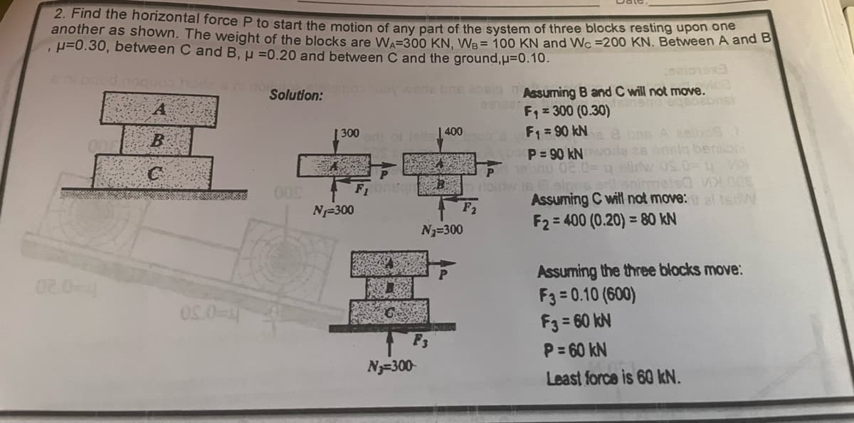 2. Find the horizontal force P to start the motion of any part of the system of three blocks resting upon one
another as shown. The weight of the blocks are W-300 KN, Ws= 100 KN and Wc =200 KN. Between A and B
μ=0.30, between C and B, μ =0.20 and between C and the ground, p=0.10.
1
sni brod nog
02.0-4
B
C
05.0-4
Solution: tamos quoy worla bre sosia
asquar
005
300 en of jells400
N₁-300
F3
N-300-
N₂=300
Assuming B and C will not move.
F₁ = 300 (0.30)
F₁ = 90 kN
ne à bns A zelboß 1
P = 90 kN
es ensla berb
hebnu 02.0- y elin 05.0= q V
in Celpris orllanimetsa MX 008
Assuming C will not move: al 1st
F2=400 (0.20) = 80 kN
OTE
Bm ribirte
F₂
vica
Assuming the three blocks move:
F3 = 0.10 (600)
F3 = 60 kN
P=60 KN
Least force is 60 kN.