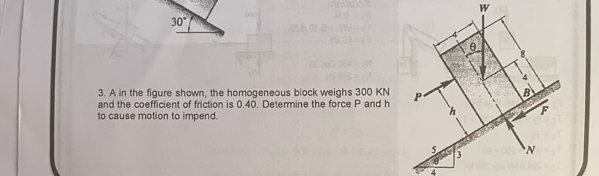 30°
000
(008) 01
noilules
MX03-1
M38=24
3. A in the figure shown, the homogeneous block weighs 300 KN
and the coefficient of friction is 0.40. Determine the force P and h
to cause motion to impend.
P
4
W
PANDA SA
03+008 N