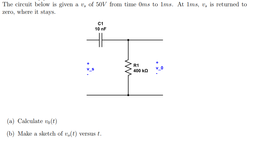 The circuit below is given a v, of 50V from time 0ms to 1ms. At 1ms, v, is returned to
zero, where it stays.
C1
10 nF
(a) Calculate vo(t)
(b) Make a sketch of vo(t) versus t.
ww
R1
400 ΚΩ
v_0