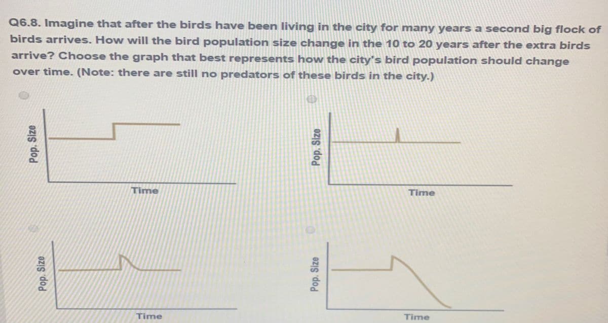 Q6.8. Imagine that after the birds have been living in the city for many years a second big flock of
birds arrives. How will the bird population size change in the 10 to 20 years after the extra birds
arrive? Choose the graph that best represents how the city's bird population should change
over time. (Note: there are still no predators of these birds in the city.)
Pop. Size
Pop. Size
Time
Time
Pop, Size
Pop. Size
Time
Time