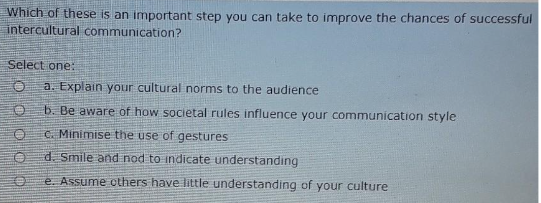 Which of these is an important step you can take to improve the chances of successful
intercultural communication?
Select one:
0000
a. Explain your cultural norms to the audience
b. Be aware of how societal rules influence your communication style
C. Minimise the use of gestures
d. Smile and nod to indicate understanding
e. Assume others have little understanding of your culture