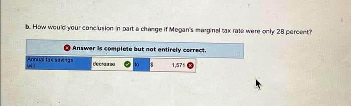 b. How would your conclusion in part a change if Megan's marginal tax rate were only 28 percent?
Answer is complete but not entirely correct.
decrease
to $
Annual tax savings
will
1,571