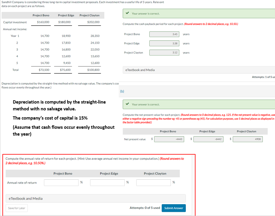 Sandhill Company is considering three long-term capital investment proposals. Each investment has a useful life of 5 years. Relevant
data on each project are as follows.
Capital investment
Annual net income:
Year 1
2
3
4
5
Total
Project Bono
$163,000
14,700
14,700
14,700
14,700
14,700
$73,500
Annual rate of return
Project Edge Project Clayton
$180,000
$202,000
Save for Later
18,900
17,850
16,800
12,600
9,450
$75,600
eTextbook and Media
Depreciation is computed by the straight-line
method with no salvage value.
The company's cost of capital is 15%
(Assume that cash flows occur evenly throughout
the year)
28,350
24,150
22,050
13,650
Project Bono
12,600
$100,800
Depreciation is computed by the straight-line method with no salvage value. The company's cos
flows occur evenly throughout the year.)
(b)
%
Compute the cash payback period for each project. (Round answers to 2 decimal places, e.g. 10.50.)
Project Edge
Your answer is correct.
Project Bono
Project Edge
Project Clayton
eTextbook and Media
Your answer is correct.
Net present value $
%
3.45
3.38
Compute the annual rate of return for each project. (Hint: Use average annual net income in your computation.) (Round answers to
2 decimal places, e.g. 10.50%)
3.12
Project Clayton
Project Bono
Compute the net present value for each project. (Round answers to O decimal places, e.g. 125. If the net present value is negative, use
either a negative sign preceding the number eg-45 or parentheses eg (45). For calculation purposes, use 5 decimal places as displayed in
the factor table provided.)
years
-4443
%
years
years
Attempts: 0 of 5 used Submit Answer
Project Edge
Attempts: 1 of 5 us
-6442
Project Clayton
4908