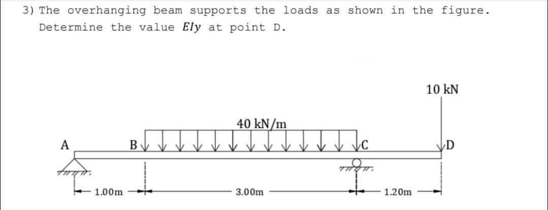 3) The overhanging beam supports the loads as shown in the figure.
Determine the value Ely at point D.
A
1.00m
B
40 kN/m
3.00m
Jc
1.20m
10 kN
D