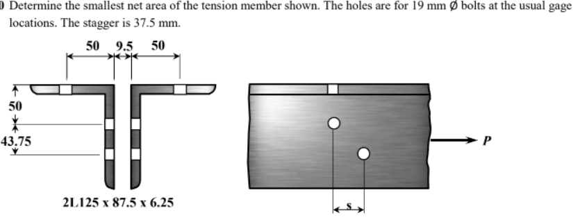 ) Determine the smallest net area of the tension member shown. The holes are for 19 mm Ø bolts at the usual gage
locations. The stagger is 37.5 mm.
50 9.5 50
50
43.75
P
2L125 x 87.5 x 6.25
