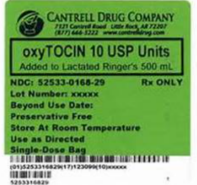 CANTRELL DRUG COMPANY
7121 Contred Road Ude Rock, AR 72207
(77) 444-3222 www.com
oxyTOCIN 10 USP Units
Added to Lactated Ringer's 500 mL
Rx ONLY
NDC: 52533-0165-29
Lot Number: xxxxxx
Beyond Use Date:
Preservative Free
Store At Room Temperature
Use as Directed
Single-Dose Bag
(01)525331682917)123099(10)xxxx
5253316829