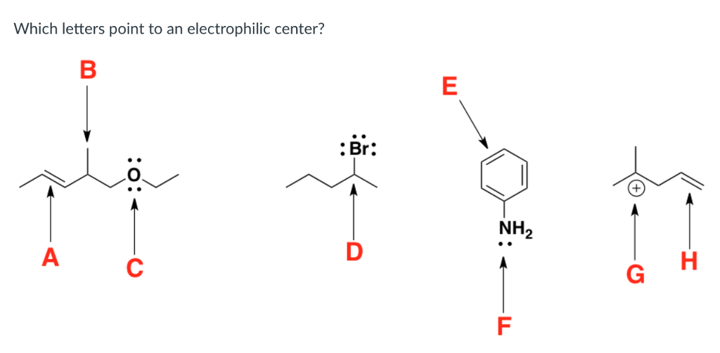 Which letters point to an electrophilic center?
B
A
C
:Br:
E
NH2
G
F