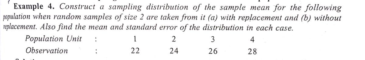 Example 4. Construct a sampling distribution of the sample mean for the following
population when random samples of size 2 are taken from it (a) with replacement and (b) without
replacement. Also find the mean and standard error of the distribution in each case.
Population Unit
1
2
3
4
Observation
22
24
26
28
