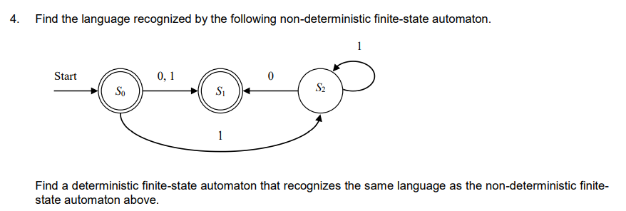 4.
Find the language recognized by the following non-deterministic finite-state automaton.
1
Start
0, 1
So
SI
S2
1
Find a deterministic finite-state automaton that recognizes the same language as the non-deterministic finite-
state automaton above.
