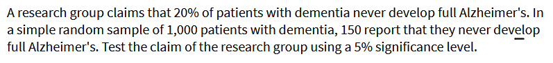 A research group claims that 20% of patients with dementia never develop full Alzheimer's. In
a simple random sample of 1,000 patients with dementia, 150 report that they never develop
full Alzheimer's. Test the claim of the research group using a 5% significance level.
