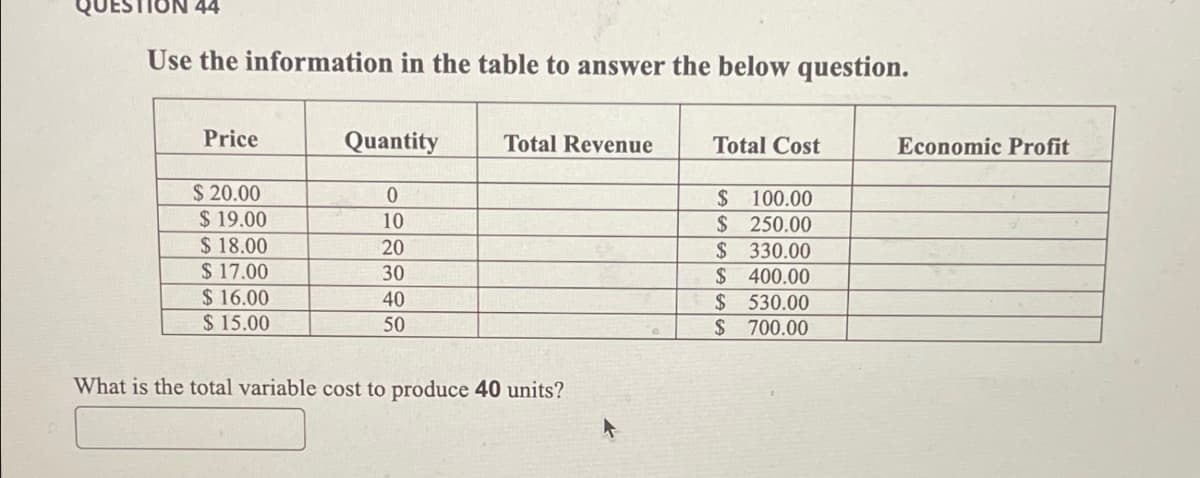 44
Use the information in the table to answer the below question.
Price
Quantity
Total Revenue
Total Cost
Economic Profit
$ 20.00
0
$ 100.00
$ 19.00
10
$ 250.00
$ 18.00
20
$ 330.00
$ 17.00
30
$ 400.00
$ 16.00
40
$ 15.00
50
$ 530.00
$ 700.00
What is the total variable cost to produce 40 units?