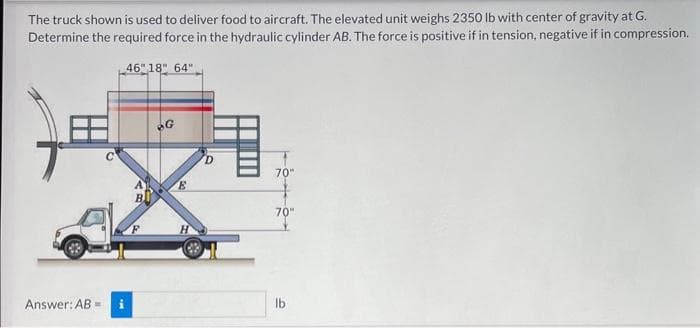 The truck shown is used to deliver food to aircraft. The elevated unit weighs 2350 lb with center of gravity at G.
Determine the required force in the hydraulic cylinder AB. The force is positive if in tension, negative if in compression.
46" 18" 64"
Answer: AB=
G
D
70"
70"
lb