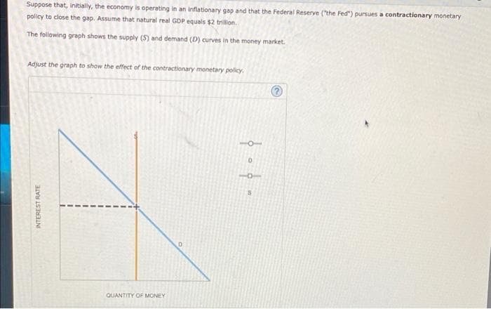 Suppose that, initially, the economy is operating in an inflationary gap and that the Federal Reserve (the Fed") pursues a contractionary monetary
policy to close the gap. Assume that natural real GOP equals $2 trillion.
The following graph shows the supply ($) and demand (D) curves in the money market.
Adjust the graph to show the effect of the contractionary monetary policy.
QUANTITY OF MONEY
INTEREST RATE
