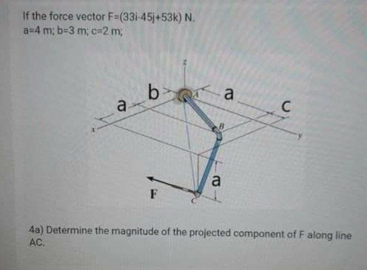 If the force vector F=(33i-45j+53k) N.
a=4 m; b-3 m; c=2 m;
b a
a
C
B
a
4a) Determine the magnitude of the projected component of F along line
AC.
