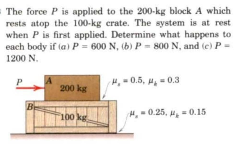 The force P is applied to the 200-kg block A which
rests atop the 100-kg crate. The system is at rest
when P is first applied. Determine what happens to
each body if (a) P = 600 N, (b) P = 800 N, and (c) P =
1200 N.
H, = 0.5, Hj = 0.3
200 kg
B
100 kg
H, = 0.25, µ̟ = 0.15
