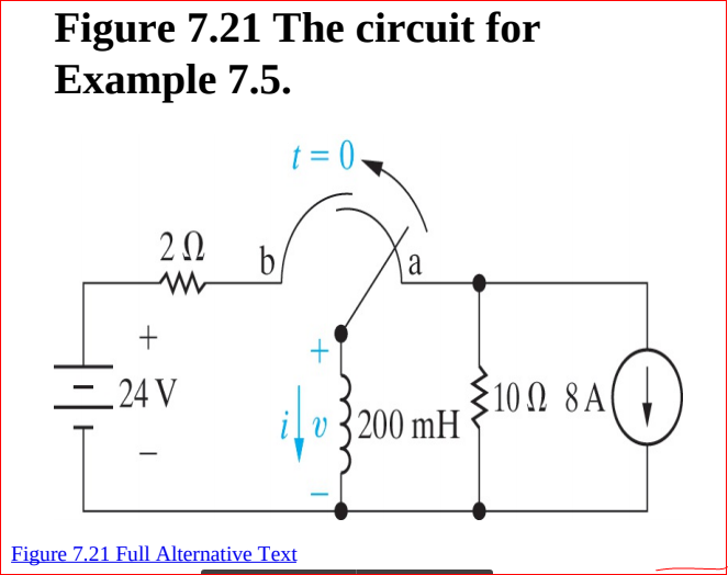 Figure 7.21 The circuit for
Example 7.5.
t = 0
– 24 V
Ž100 8A(,
:10 Ω 8Α|
v 3200 mH
Figure 7.21 Full Alternative Text
