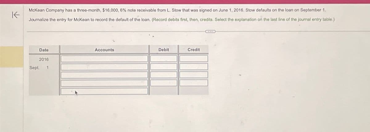 K
McKean Company has a three-month, $16,000, 6% note receivable from L. Stow that was signed on June 1, 2016. Stow defaults on the loan on September 1.
Journalize the entry for McKean to record the default of the loan. (Record debits first, then, credits. Select the explanation on the last line of the journal entry table.)
Date
2016
Sept.
1
Accounts
Debit
Credit
HO
