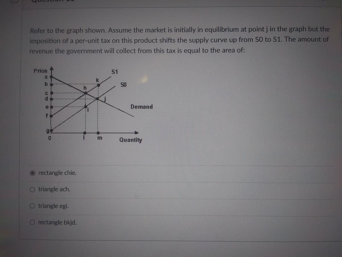 Refer to the graph shown. Assume the market is initially in equilibrium at point j in the graph but the
imposition of a per-unit tax on this product shifts the supply curve up from SO to S1. The amount of
revenue the government will collect from this tax is equal to the area of:
Price
a
b
C
9
O
O rectangle chie.
triangle ach.
O triangle egi.
O rectangle bkjd.
h
E
#
k
$1
SO
Demand
Wy
Quantity