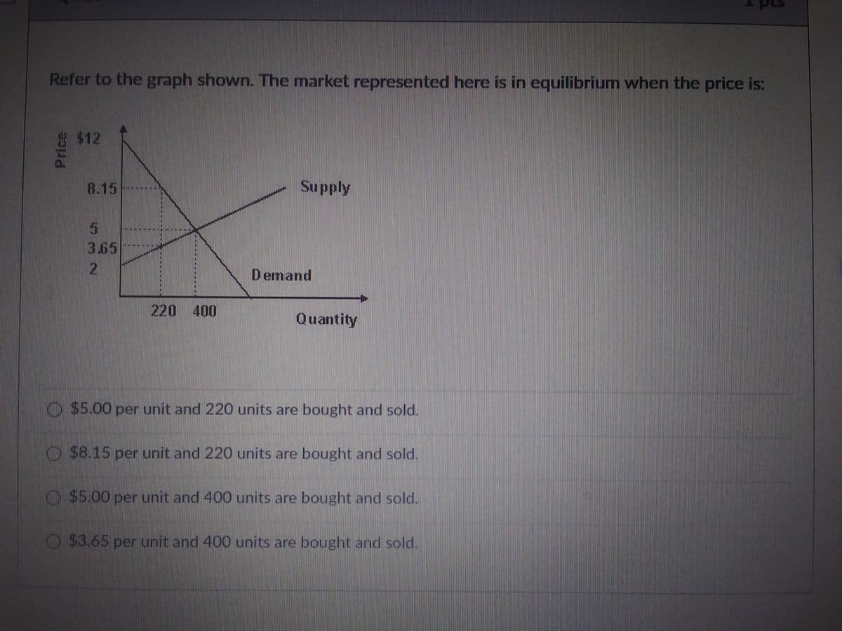 Refer to the graph shown. The market represented here is in equilibrium when the price is:
$12
8.15
5
3.65
2
220 400
Supply
Demand
Quantity
$5.00 per unit and 220 units are bought and sold.
$8.15 per unit and 220 units are bought and sold.
$5.00 per unit and 400 units are bought and sold.
$3.65 per unit and 400 units are bought and sold.