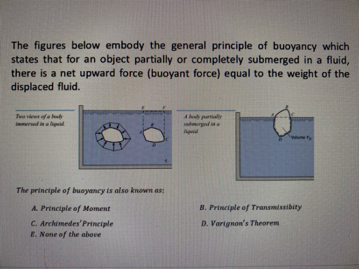 The figures below embody the general principle of buoyancy which
states that for an object partially or completely submerged in a fluid,
there is a net upward force (buoyant force) equal to the weight of the
displaced fluid.
Two views of a back
immersed in a liquid.
The principle of buoyancy is also known as:
A. Principle of Moment
C. Archimedes' Principle
E. None of the above
I body partially
sadmerged in a
VERF
B. Principle of Transmissibity
D. Varignon's Theorem