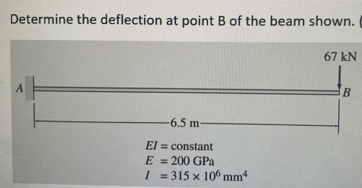 Determine the deflection at point B of the beam shown.
A
-6.5 m-
EI = constant
E = 200 GPa
I = 315 × 106 mm4
67 kN
B