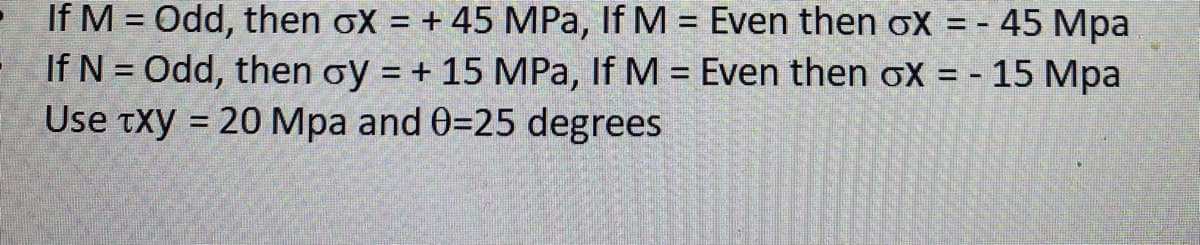 If M = Odd, then GX = + 45 MPa, If M = Even then oX = - 45 Mpa
If N = Odd, then oy = + 15 MPa, If M = Even then ox = - 15 Mpa
Use Txy = 20 Mpa and 0-25 degrees