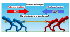 Pulling force of red team
250N
Action-reaction farcs pairs
Pulling force of blue team
250N
What is the tension force along the rape?
K