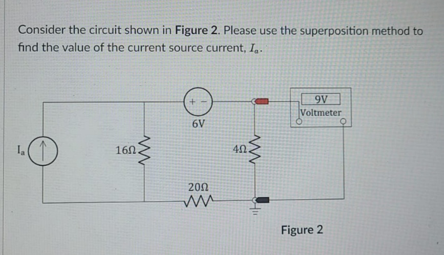 Consider the circuit shown in Figure 2. Please use the superposition method to
find the value of the current source current, I.
9V
Voltmeter
6V
la
160
40.
20Ω
Figure 2
