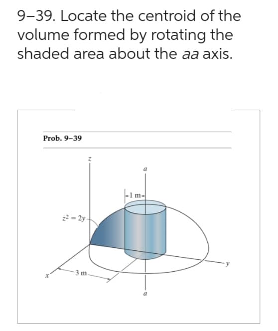 9-39. Locate the centroid of the
volume formed by rotating the
shaded area about the aa axis.
Prob. 9-39
22=2y-
-3 m.
m