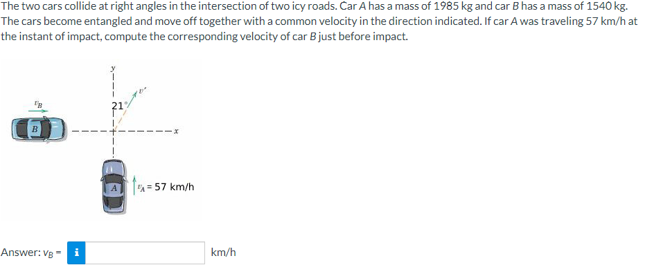 The two cars collide at right angles in the intersection of two icy roads. Car A has a mass of 1985 kg and car B has a mass of 1540 kg.
The cars become entangled and move off together with a common velocity in the direction indicated. If car A was traveling 57 km/h at
the instant of impact, compute the corresponding velocity of car B just before impact.
--x
A = 57 km/h
Answer: Vg=
i
km/h
