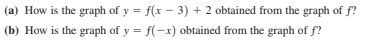 (a) How is the graph of y = f(x – 3) + 2 obtained from the graph of f?
(b) How is the graph of y = f(-x) obtained from the graph of f?
