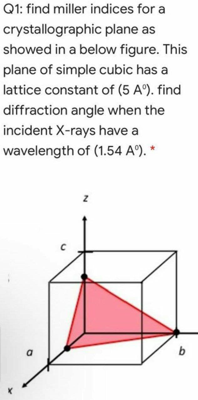 Q1: find miller indices for a
crystallographic plane as
showed in a below figure. This
plane of simple cubic has a
lattice constant of (5 A). find
diffraction angle when the
incident X-rays have a
wavelength of (1.54 Aº).
b
