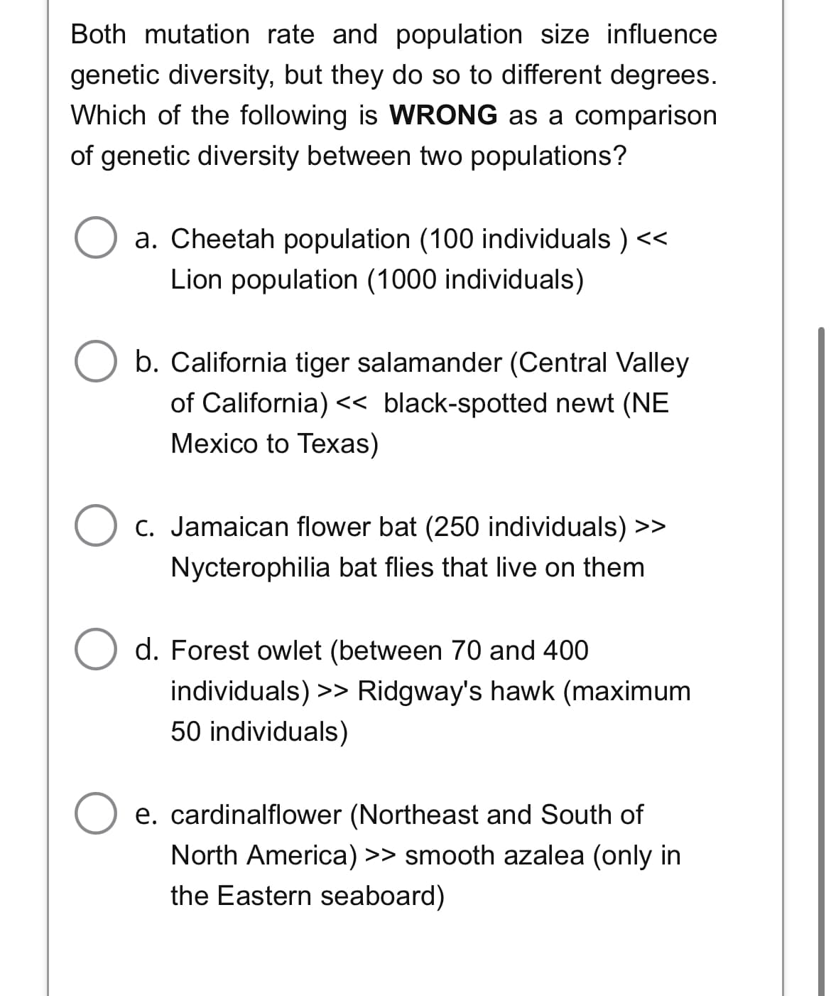 Both mutation rate and population size influence
genetic diversity, but they do so to different degrees.
Which of the following is WRONG as a comparison
of genetic diversity between two populations?
O a. Cheetah population (100 individuals ) <<
Lion population (1000 individuals)
b. California tiger salamander (Central Valley
of California) << black-spotted newt (NE
Mexico to Texas)
c. Jamaican flower bat (250 individuals) >>
Nycterophilia bat flies that live on them
d. Forest owlet (between 70 and 400
individuals) >> Ridgway's hawk (maximum
50 individuals)
e. cardinalflower (Northeast and South of
North America) >> smooth azalea (only in
the Eastern seaboard)