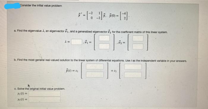 Consider the Initial value problem
a. Find the eigenvalue A, an elgenvector , and a generalized eigenvector , for the coefficient matrix of this linear system.
b. Find the most general real-valued solution to the linear systern of differential equations. Use r as the independent varlable in your answers.
c. Solve the original Initial value problem,
() =
2() =
