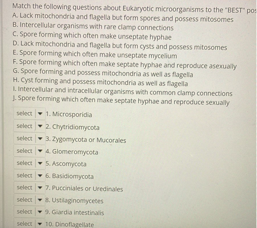 Match the following questions about Eukaryotic microorganisms to the "BEST" pos
A. Lack mitochondria and flagella but form spores and possess mitosomes
B. Intercellular organisms with rare clamp connections
C. Spore forming which often make unseptate hyphae
D. Lack mitochondria and flagella but form cysts and possess mitosomes
E. Spore forming which often make unseptate mycelium
F. Spore forming which often make septate hyphae and reproduce asexually
G. Spore forming and possess mitochondria as well as flagella
H. Cyst forming and possess mitochondria as well as flagella
1. Intercellular and intracellular organisms with common clamp connections
J. Spore forming which often make septate hyphae and reproduce sexually
select
1. Microsporidia
select
2. Chytridiomycota
select ▾ 3. Zygomycota or Mucorales
select
4. Glomeromycota
select
5. Ascomycota
select
6. Basidiomycota
select
7. Pucciniales or Uredinales.
select
8. Ustilaginomycetes
select
9. Giardia intestinalis
select
10. Dinoflagellate