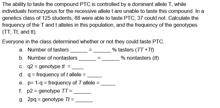 The ability to taste the compound PTC is controlled by a dominant allele T, while
individuals homozygous for the recessive allele t are unable to taste this compound. In a
genetics class of 125 students, 88 were able to taste PTC, 37 could not. Calculate the
frequency of the T and t alleles in this population, and the frequency of the genotypes
(TT, Tt, and tt).
Everyone in the class determined whether or not they could taste PTC.
a. Number of tasters
% tasters (TT+Tt)
b. Number of nontasters
% nontasters (tt)
c. q2 = genotype tt =
d. q = frequency of t allele =
e. p= 1-q = frequency of T allele =
f. p2 = genotype TT =
g. 2pq = genotype Tt =
%3D
