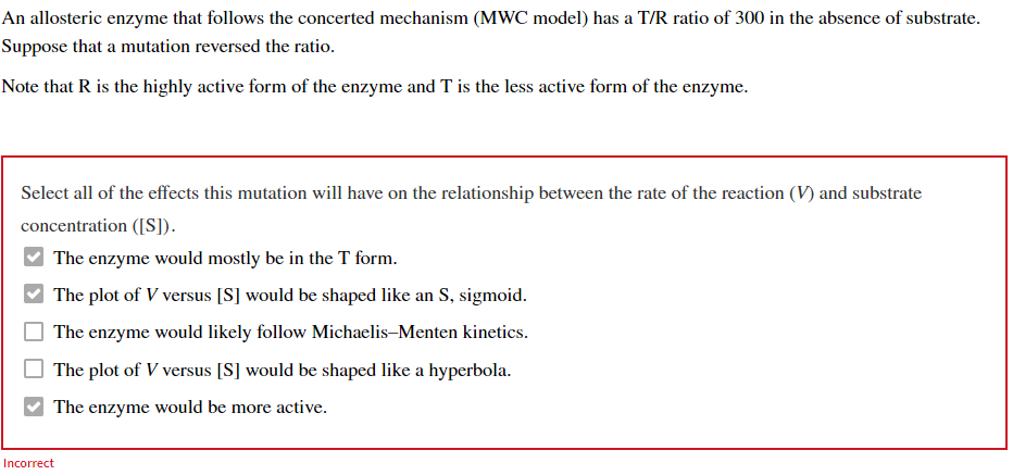 An allosteric enzyme that follows the concerted mechanism (MWC model) has a T/R ratio of 300 in the absence of substrate.
Suppose that a mutation reversed the ratio.
Note that R is the highly active form of the enzyme and T is the less active form of the enzyme.
Select all of the effects this mutation will have on the relationship between the rate of the reaction (V) and substrate
concentration ([S]).
The enzyme would mostly be in the T form.
The plot of v versus [S] would be shaped like an S, sigmoid.
The enzyme would likely follow Michaelis-Menten kinetics.
The plot of V versus [S] would be shaped like a hyperbola.
The enzyme would be more active.
Incorrect