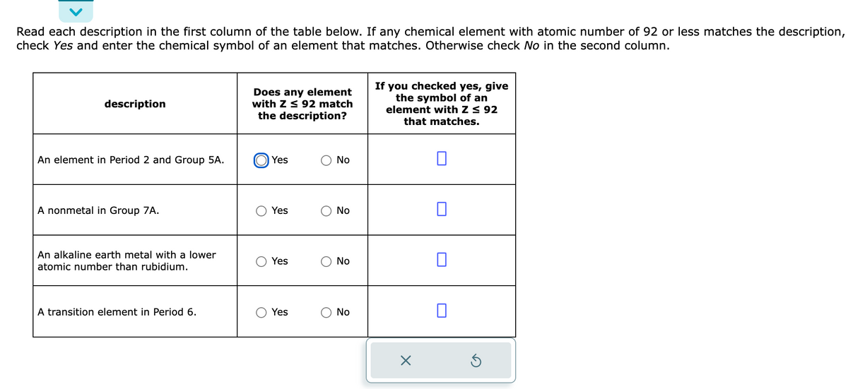 Read each description in the first column of the table below. If any chemical element with atomic number of 92 or less matches the description,
check Yes and enter the chemical symbol of an element that
matches. Otherwise check No in the second column.
description
An element in Period 2 and Group 5A.
A nonmetal in Group 7A.
An alkaline earth metal with a lower
atomic number than rubidium.
A transition element in Period 6.
Does any element
with Z≤ 92 match
the description?
Yes
Yes
Yes
Yes
No
No
No
No
If you checked yes, give
the symbol of an
element with Z ≤ 92
that matches.
0
X
0
0
5