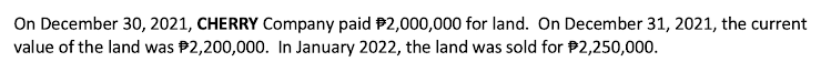 On December 30, 2021, CHERRY Company paid $2,000,000 for land. On December 31, 2021, the current
value of the land was $2,200,000. In January 2022, the land was sold for $2,250,000.