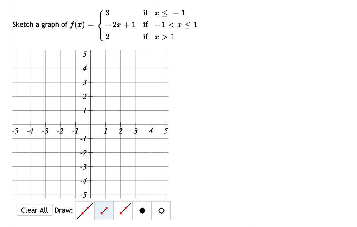 if x < - 1
- 2x +1 if -1 < x < 1
Sketch a graph of f(x)
2
if x > 1
4
-5 -4 -3 -2 -1
-1
2
-2
-3
-4
-5
Clear All Draw:
31
