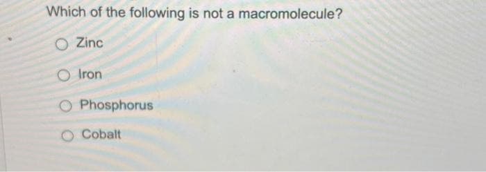 Which of the following is not a macromolecule?
Zinc
O Iron
O Phosphorus
Cobalt